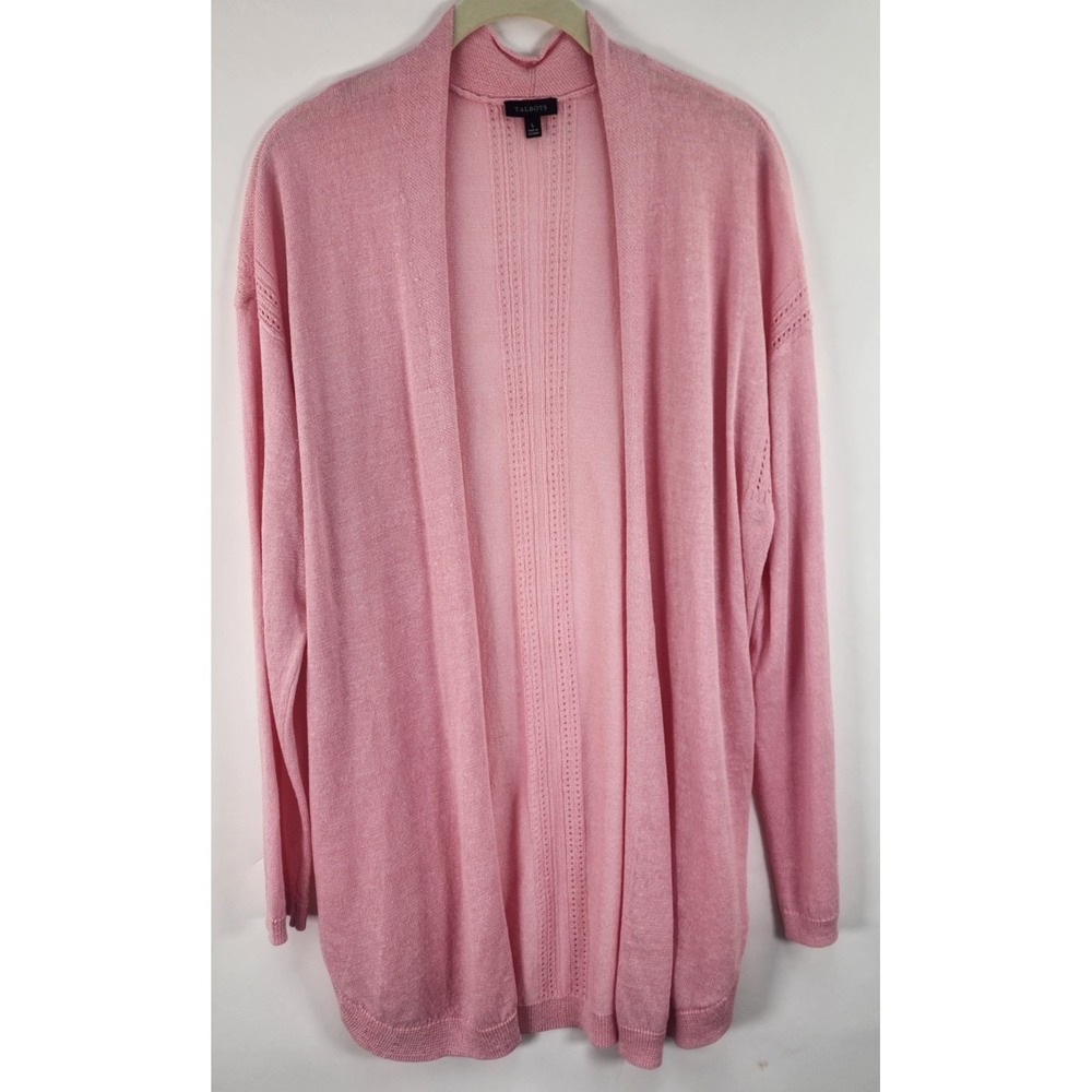 Talbots Pointelle Open Front Cardigan Women's L Pink Lightweight Linen Blend